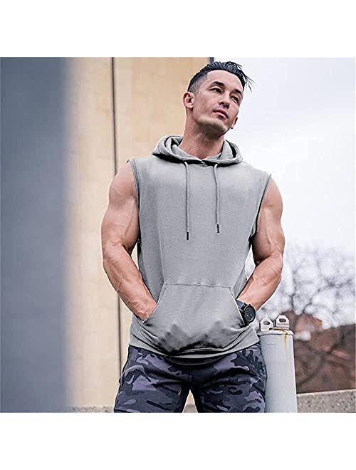 OEAK Mens T Shirt Hooded Workout Tank Tops Sleeveless Hoodies Muscle Shirt Gym Training Blouse with Athletic Pockets