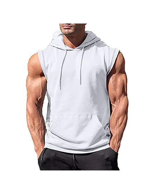 OEAK Mens T Shirt Hooded Workout Tank Tops Sleeveless Hoodies Muscle Shirt Gym Training Blouse with Athletic Pockets