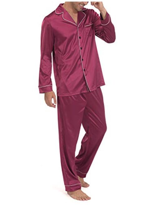 Indefini Men's Satin Pajama Set Button Down Silky Pj Sets Sleepwear Loungewear, Size S-2XL