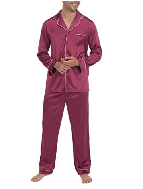 Indefini Men's Satin Pajama Set Button Down Silky Pj Sets Sleepwear Loungewear, Size S-2XL