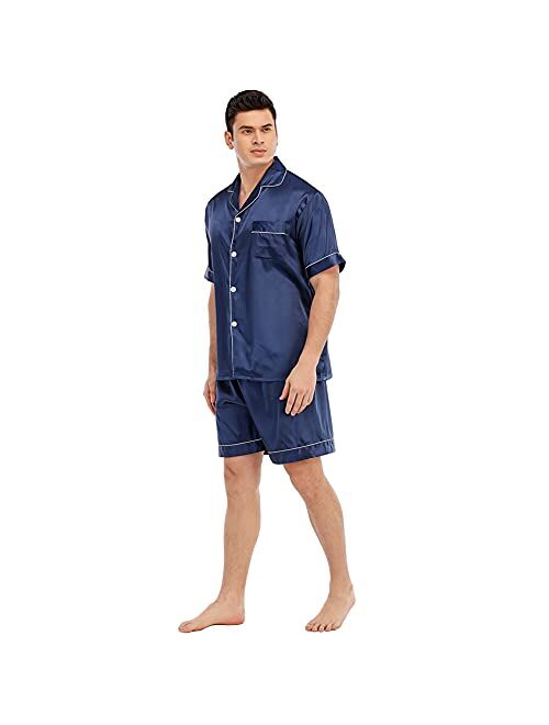 JYHER Mens Satin Pajamas Set,Classic Short Sleeve and Shorts Sleepwear Pjs Set for Men