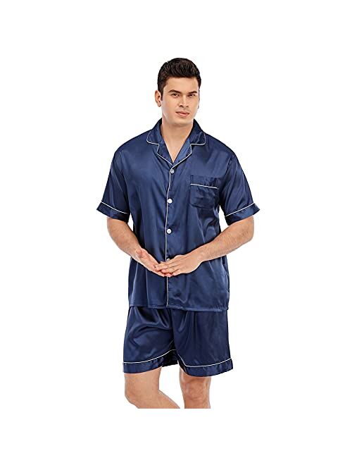 JYHER Mens Satin Pajamas Set,Classic Short Sleeve and Shorts Sleepwear Pjs Set for Men