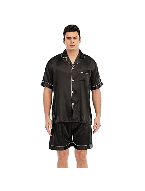 JYHER Mens Satin Pajamas Set,Classic Short Sleeve and Shorts Sleepwear Pjs Set for Men