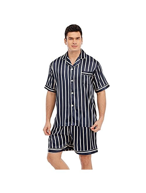 JYHER Mens Satin Pajamas Set,Classic Short Sleeve and Shorts Sleepwear Pjs Set for Men