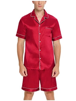 SWOMOG Men Silk Satin Pajamas Sets Short Sleeve Sleepwear Button-Down PJs Sets Two-Pieces Loungewear with Pockets