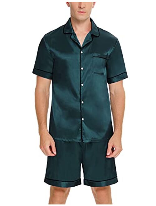 SWOMOG Men Silk Satin Pajamas Sets Short Sleeve Sleepwear Button-Down PJs Sets Two-Pieces Loungewear with Pockets