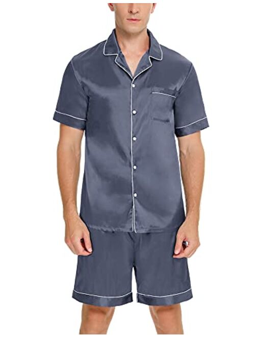 SWOMOG Men Silk Satin Pajamas Sets Short Sleeve Sleepwear Button-Down PJs Sets Two-Pieces Loungewear with Pockets