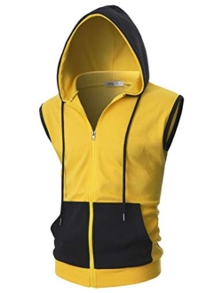 Ohoo Mens Slim Fit Sleeveless Lightweight Zip-up Hooded Vest With Zipper Trim