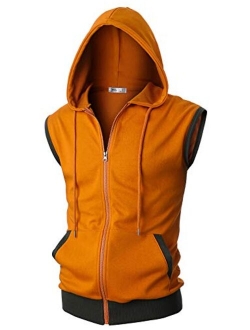 Ohoo Mens Slim Fit Sleeveless Lightweight Zip-up Hooded Vest With Zipper Trim