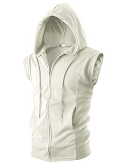 Ohoo Mens Slim Fit Sleeveless Lightweight Zip-up Hooded Vest With Zipper Trim