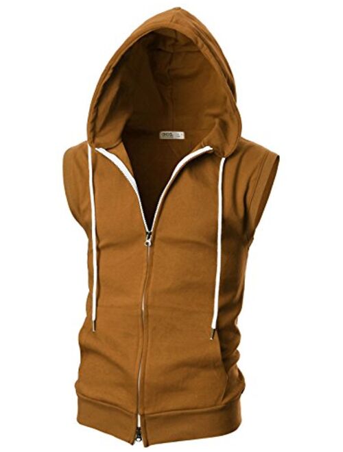 Ohoo Mens Slim Fit Sleeveless Lightweight Zip-up Hooded Vest With Zipper Trim