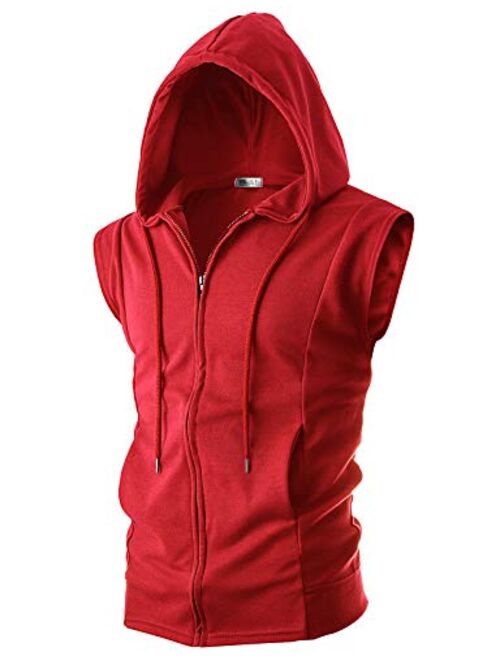 Ohoo Mens Slim Fit Sleeveless Lightweight Zip-up Hooded Vest With Zipper Trim