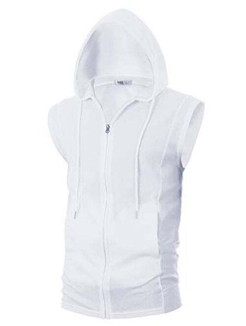 Ohoo Mens Slim Fit Sleeveless Lightweight Zip-up Hooded Vest With Zipper Trim