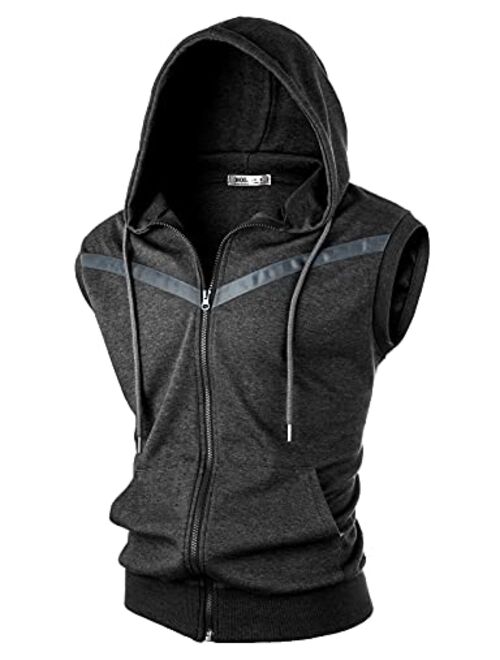 Ohoo Mens Slim Fit Sleeveless Lightweight Zip-up Hooded Vest With Zipper Trim