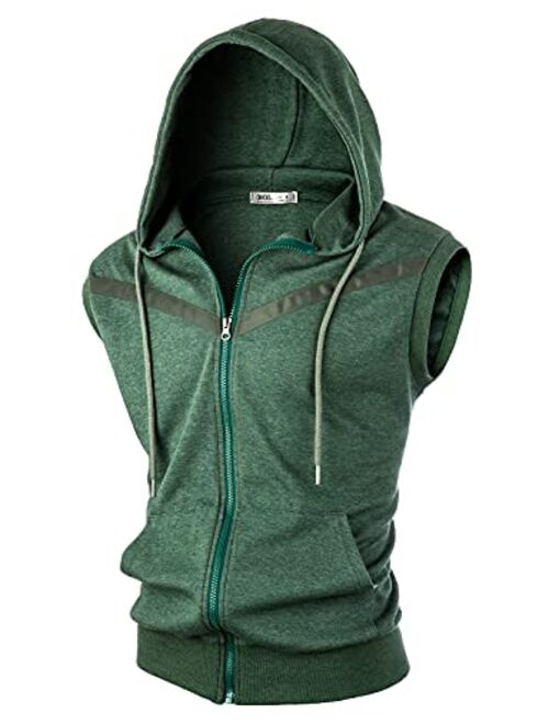 Ohoo Mens Slim Fit Sleeveless Lightweight Zip-up Hooded Vest With Zipper Trim