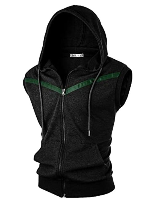 Ohoo Mens Slim Fit Sleeveless Lightweight Zip-up Hooded Vest With Zipper Trim