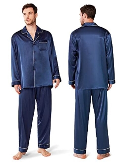 SIORO Mens Silk Satin Pajama Sets, Long Sleeve Button Down PJ Set with Pocket Sleepwear Loungewear M-XXL