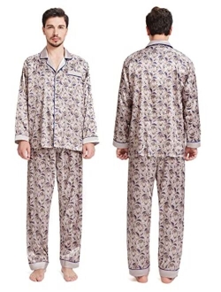 SIORO Mens Silk Satin Pajama Sets, Long Sleeve Button Down PJ Set with Pocket Sleepwear Loungewear M-XXL