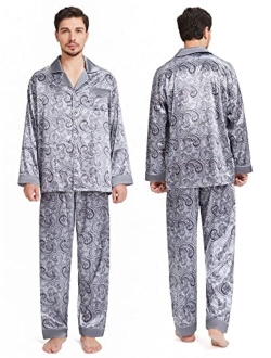 SIORO Mens Silk Satin Pajama Sets, Long Sleeve Button Down PJ Set with Pocket Sleepwear Loungewear M-XXL