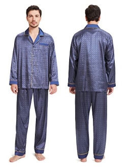 SIORO Mens Silk Satin Pajama Sets, Long Sleeve Button Down PJ Set with Pocket Sleepwear Loungewear M-XXL