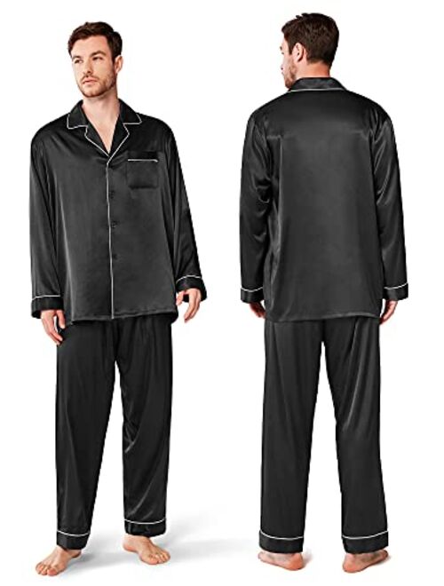 SIORO Mens Silk Satin Pajama Sets, Long Sleeve Button Down PJ Set with Pocket Sleepwear Loungewear M-XXL