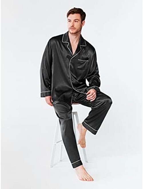 SIORO Mens Silk Satin Pajama Sets, Long Sleeve Button Down PJ Set with Pocket Sleepwear Loungewear M-XXL