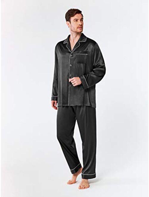 SIORO Mens Silk Satin Pajama Sets, Long Sleeve Button Down PJ Set with Pocket Sleepwear Loungewear M-XXL