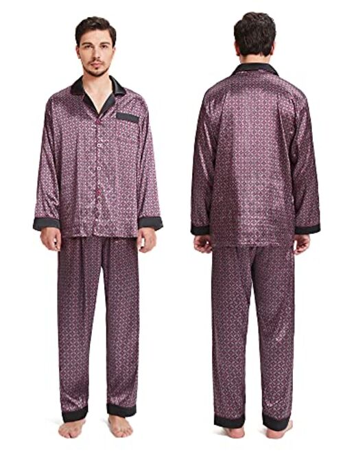 SIORO Mens Silk Satin Pajama Sets, Long Sleeve Button Down PJ Set with Pocket Sleepwear Loungewear M-XXL