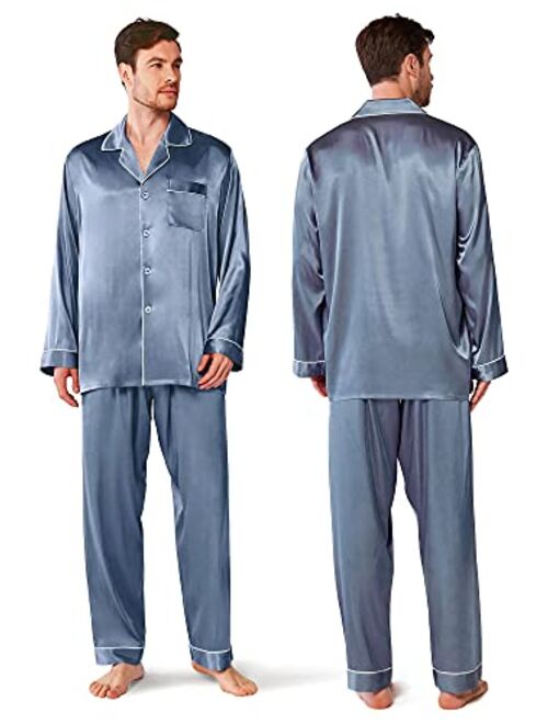 SIORO Mens Silk Satin Pajama Sets, Long Sleeve Button Down PJ Set with Pocket Sleepwear Loungewear M-XXL