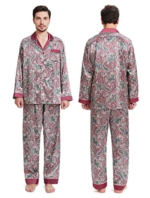 SIORO Mens Silk Satin Pajama Sets, Long Sleeve Button Down PJ Set with Pocket Sleepwear Loungewear M-XXL