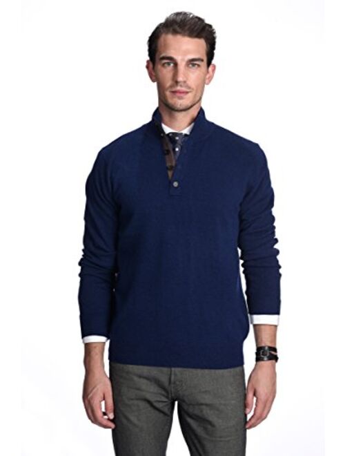 State Cashmere Men's Button Up Mock Neck Sweater 100% Pure Cashmere Long Sleeve Polo Quarter Collar Pullover