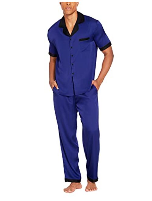 Ekouaer Men Silk Satin Pajamas Set Short Sleeve Button Down Sleepwear with Long Pants Silky Pjs Notch Collar Loungewear S-XXL