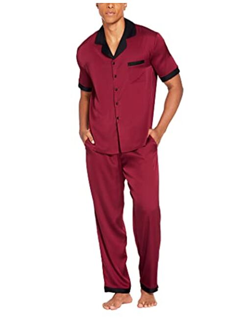 Ekouaer Men Silk Satin Pajamas Set Short Sleeve Button Down Sleepwear with Long Pants Silky Pjs Notch Collar Loungewear S-XXL