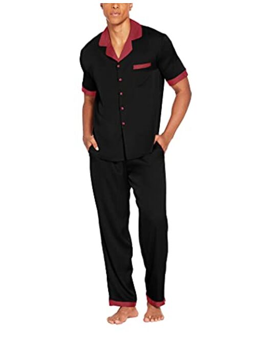 Ekouaer Men Silk Satin Pajamas Set Short Sleeve Button Down Sleepwear with Long Pants Silky Pjs Notch Collar Loungewear S-XXL