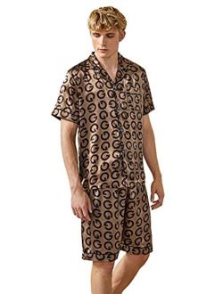 Men's Satin Silk Pajama Set Short Sleeve Button Down Shirt and Shorts Sleepwear