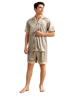 Men's Satin Silk Pajama Set Short Sleeve Button Down Shirt and Shorts Sleepwear