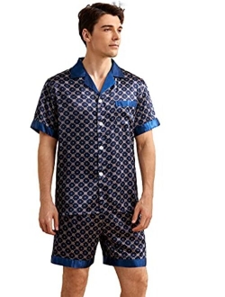 Men's Satin Silk Pajama Set Short Sleeve Button Down Shirt and Shorts Sleepwear