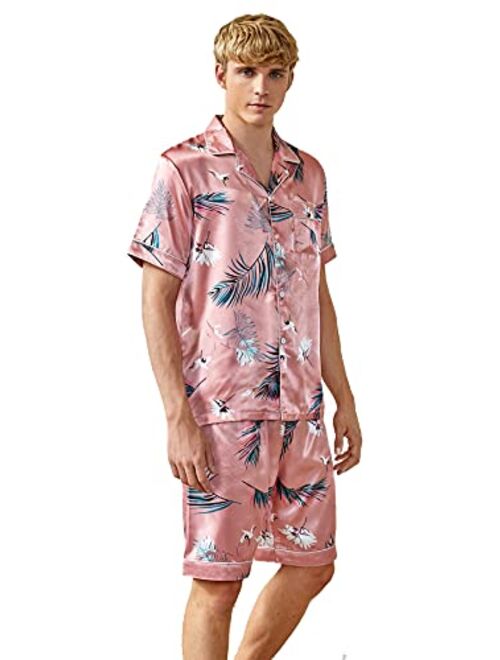 Romwe Men's Satin Silk Pajama Set Short Sleeve Button Down Shirt and Shorts Sleepwear