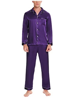 SWOMOG Mens Satin Pajamas Set Button-Down Classic Sleepwear Silk Long Sleeve Loungewear