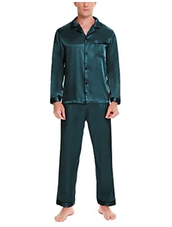 SWOMOG Mens Satin Pajamas Set Button-Down Classic Sleepwear Silk Long Sleeve Loungewear