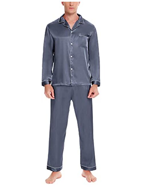 SWOMOG Mens Satin Pajamas Set Button-Down Classic Sleepwear Silk Long Sleeve Loungewear