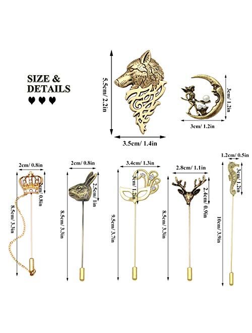 RechicGu Pack 7pcs Men Wedding Stick Lapel Pin Brooch Badge Animal Opera Mask Crown Angel Fairy for Suit Shirt Tie Hat Scarf Fashion Jewelry Gift