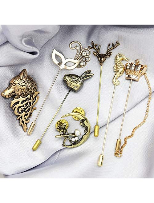 RechicGu Pack 7pcs Men Wedding Stick Lapel Pin Brooch Badge Animal Opera Mask Crown Angel Fairy for Suit Shirt Tie Hat Scarf Fashion Jewelry Gift