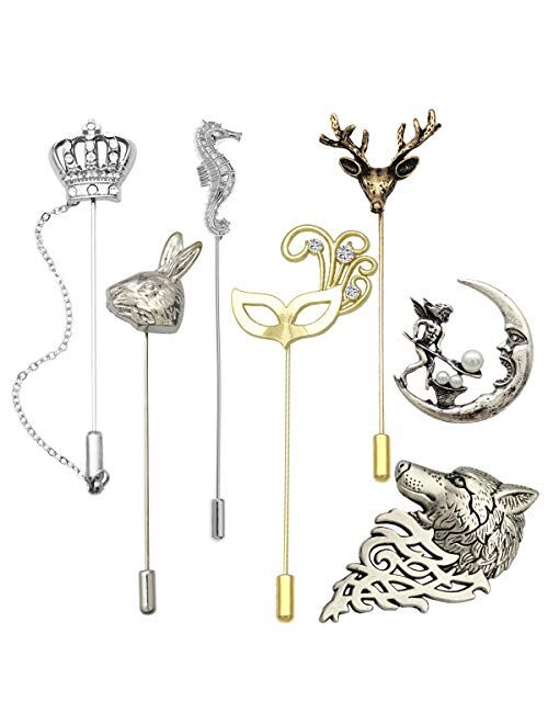 RechicGu Pack 7pcs Men Wedding Stick Lapel Pin Brooch Badge Animal Opera Mask Crown Angel Fairy for Suit Shirt Tie Hat Scarf Fashion Jewelry Gift