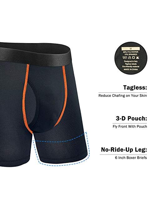 Mens Boxer Briefs Quick Dry Sport Boxer Briefs No Ride-up 6’’Athletic Mesh Performance Underwear with Fly for Men Pack