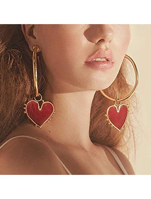 Doubnine Hoop Gold Earrings Red Heart Charm Big Circle Dangle Drop Cuff Vintage Hippie Bohemian Accessories for Women