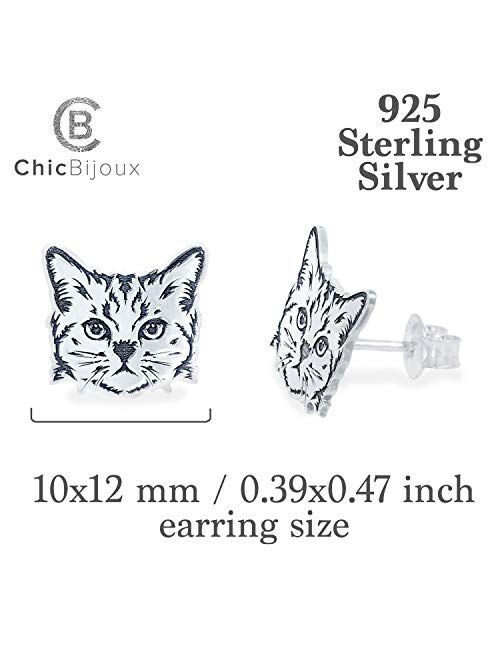 Chic Bijoux Stud Cat Earrings for Women – Made with 925 Sterling Silver for Sensitive Ears - Gift Idea for Women, Hypoallergenic Jewelry