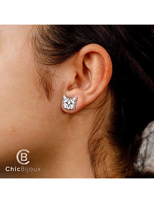 Chic Bijoux Stud Cat Earrings for Women – Made with 925 Sterling Silver for Sensitive Ears - Gift Idea for Women, Hypoallergenic Jewelry