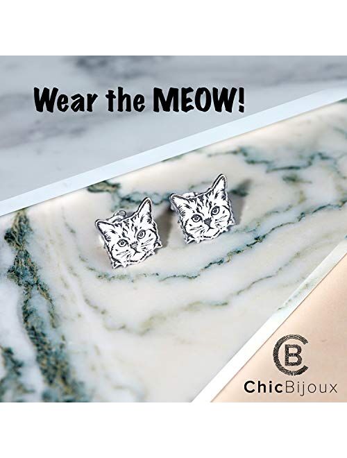 Chic Bijoux Stud Cat Earrings for Women – Made with 925 Sterling Silver for Sensitive Ears - Gift Idea for Women, Hypoallergenic Jewelry