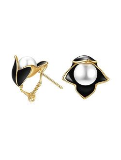 Flower Stud Earrings for Women Handmade Pearl with Rose Flower 14K Gold Plated 925 Sterling Silver Post Hypoallergenic Earrings for Girls